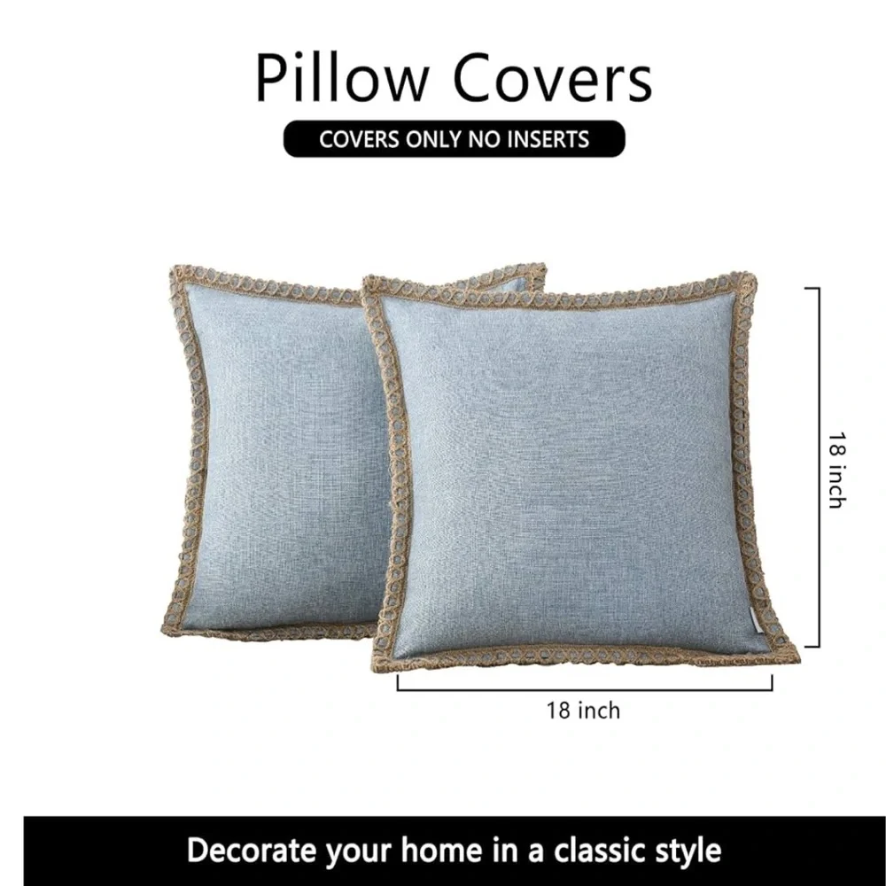 Blue LINEN Pillow Covers with Tan BURLAP Trim SQUARE 18x18” (2-Pack)